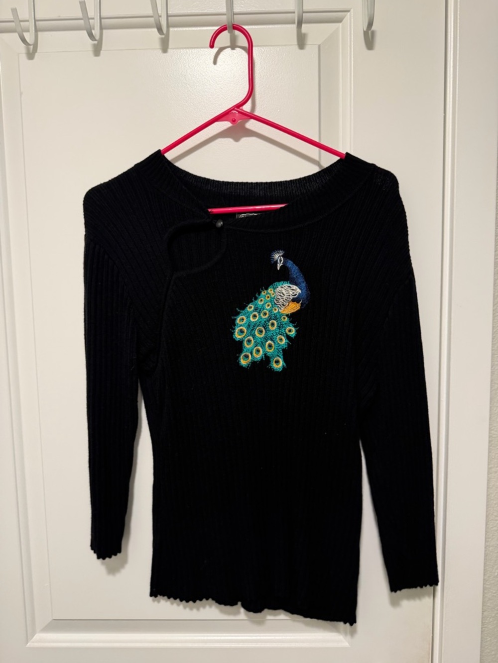 Voodoo Vixen Black Ribbed Crewneck Sweater with Embroidered Peacock